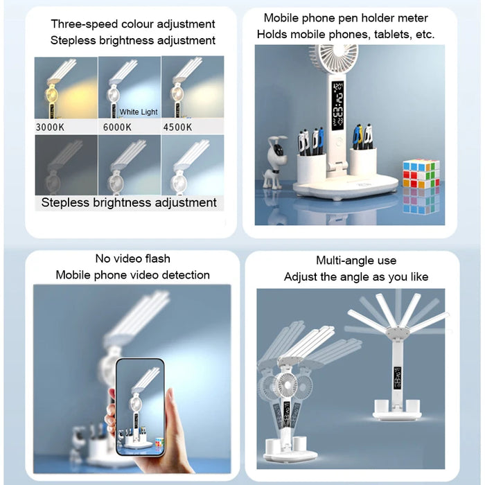 Rechargeable Desk Lamp with LED Clock & Fan